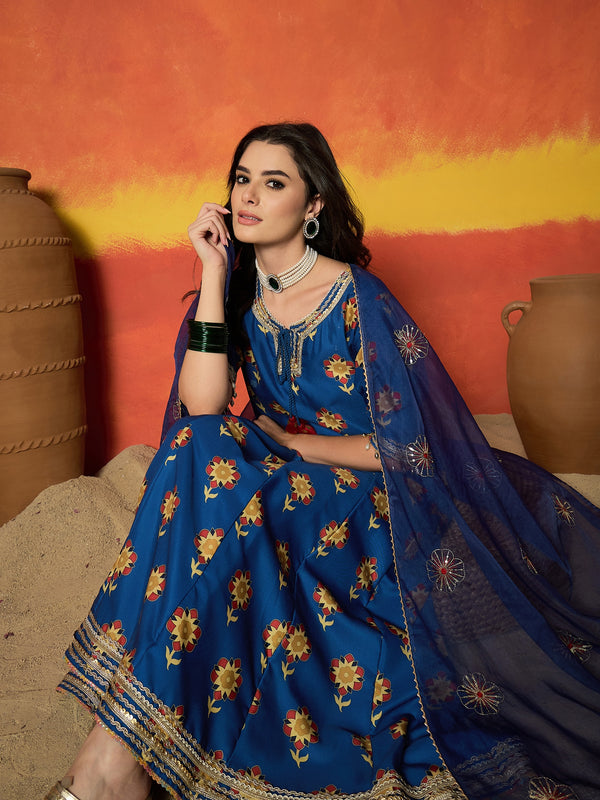 Stylum Women's Blue Floral Printed Rayon Anarkali Kurta Pant Dupatta Set (KPDBLUESPROUT)