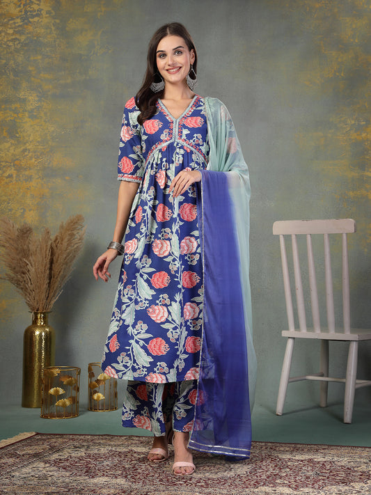 Stylum Women's Blue Floral Printed & Embroidered Rayon Alia Cut Kurta Pant Dupatta Set (KPDBLUETACO)