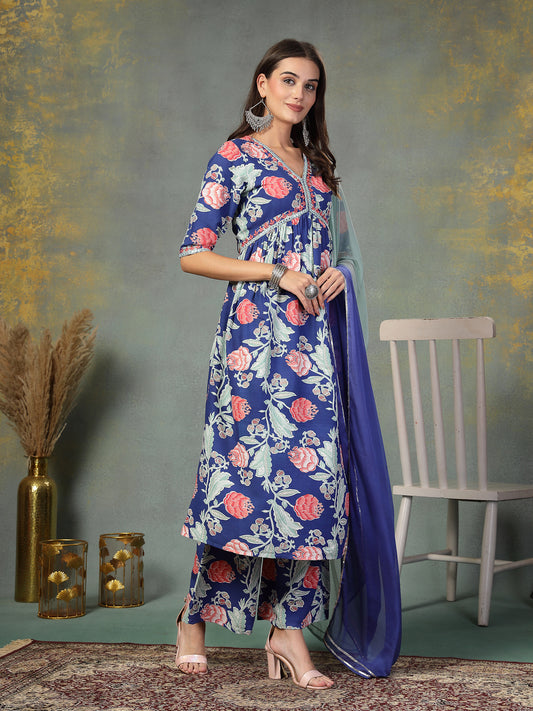 Stylum Women's Blue Floral Printed & Embroidered Rayon Alia Cut Kurta Pant Dupatta Set (KPDBLUETACO)