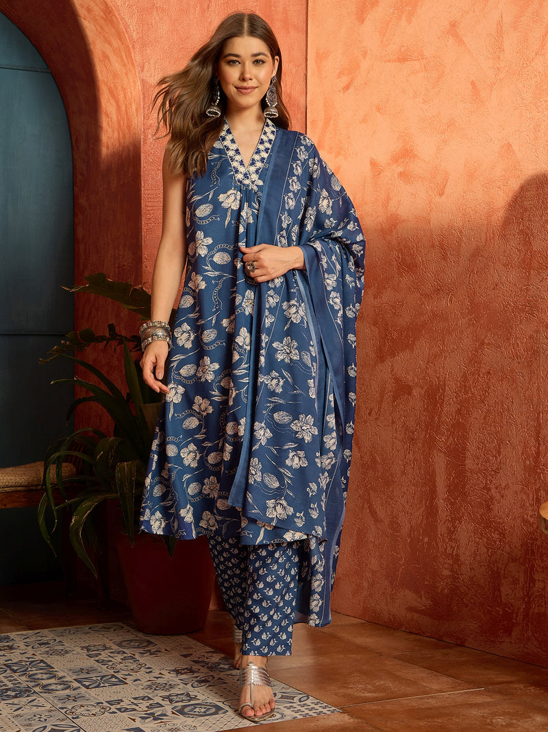 Stylum Women's Blue Floral Printed Cotton A-Line Kurta Pant Dupatta Set (KPDBLUETARIJ)
