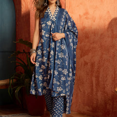 Stylum Women's Blue Floral Printed Cotton A-Line Kurta Pant Dupatta Set (KPDBLUETARIJ)