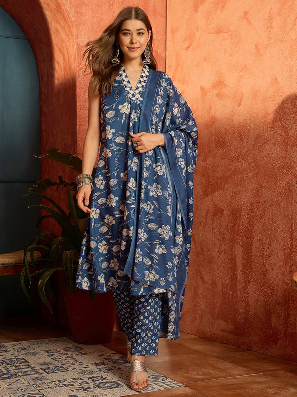 Stylum Women's Blue Floral Printed Cotton A-Line Kurta Pant Dupatta Set (KPDBLUETARIJ)