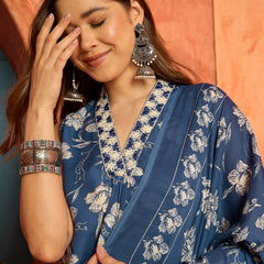 Stylum Women's Blue Floral Printed Cotton A-Line Kurta Pant Dupatta Set (KPDBLUETARIJ)
