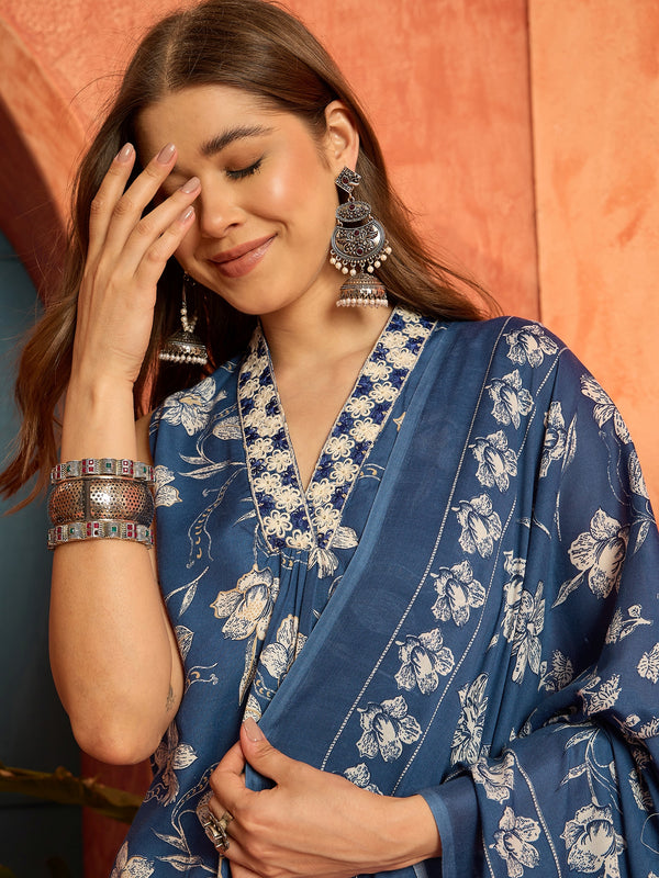 Stylum Women's Blue Floral Printed Cotton A-Line Kurta Pant Dupatta Set (KPDBLUETARIJ)