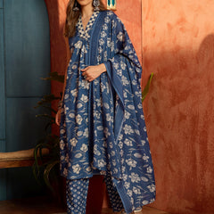 Stylum Women's Blue Floral Printed Cotton A-Line Kurta Pant Dupatta Set (KPDBLUETARIJ)