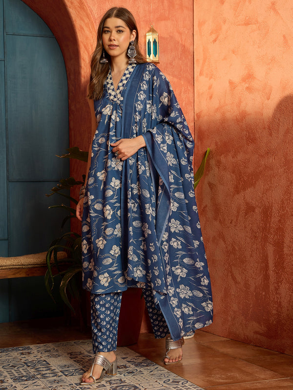 Stylum Women's Blue Floral Printed Cotton A-Line Kurta Pant Dupatta Set (KPDBLUETARIJ)