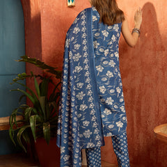 Stylum Women's Blue Floral Printed Cotton A-Line Kurta Pant Dupatta Set (KPDBLUETARIJ)