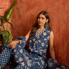Stylum Women's Blue Floral Printed Cotton A-Line Kurta Pant Dupatta Set (KPDBLUETARIJ)