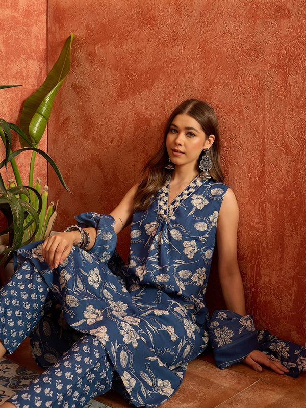 Stylum Women's Blue Floral Printed Cotton A-Line Kurta Pant Dupatta Set (KPDBLUETARIJ)