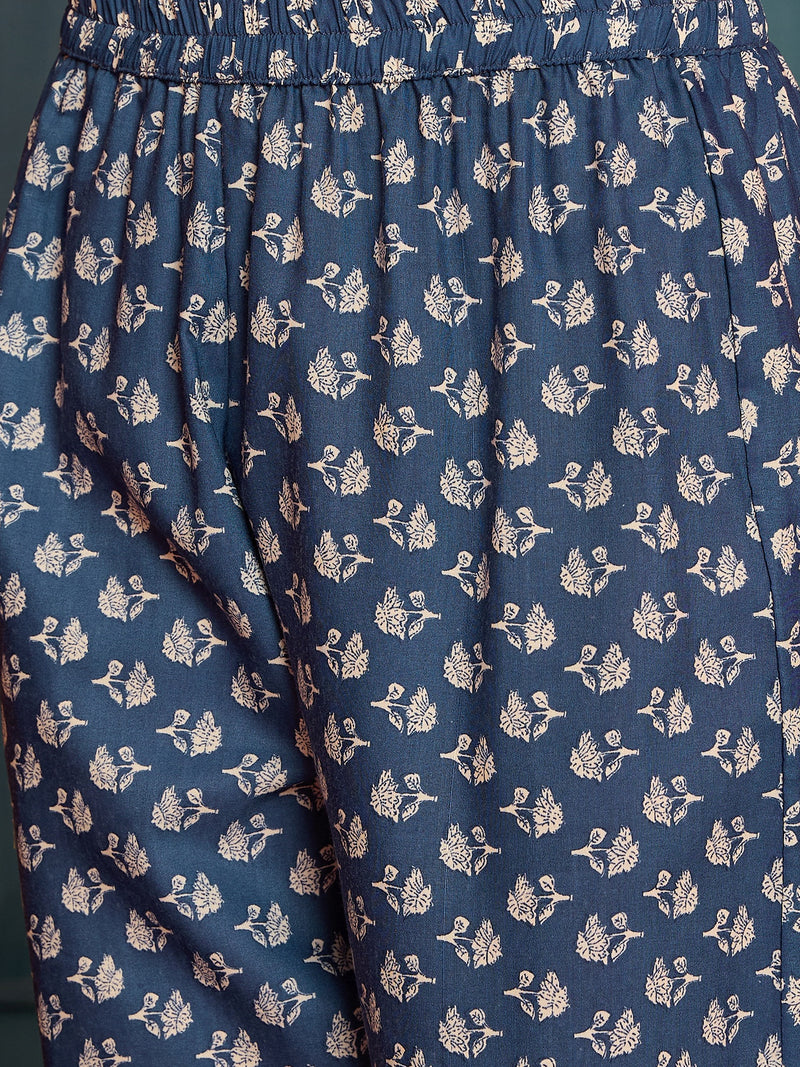 Stylum Women's Blue Floral Printed Cotton A-Line Kurta Pant Dupatta Set (KPDBLUETARIJ)