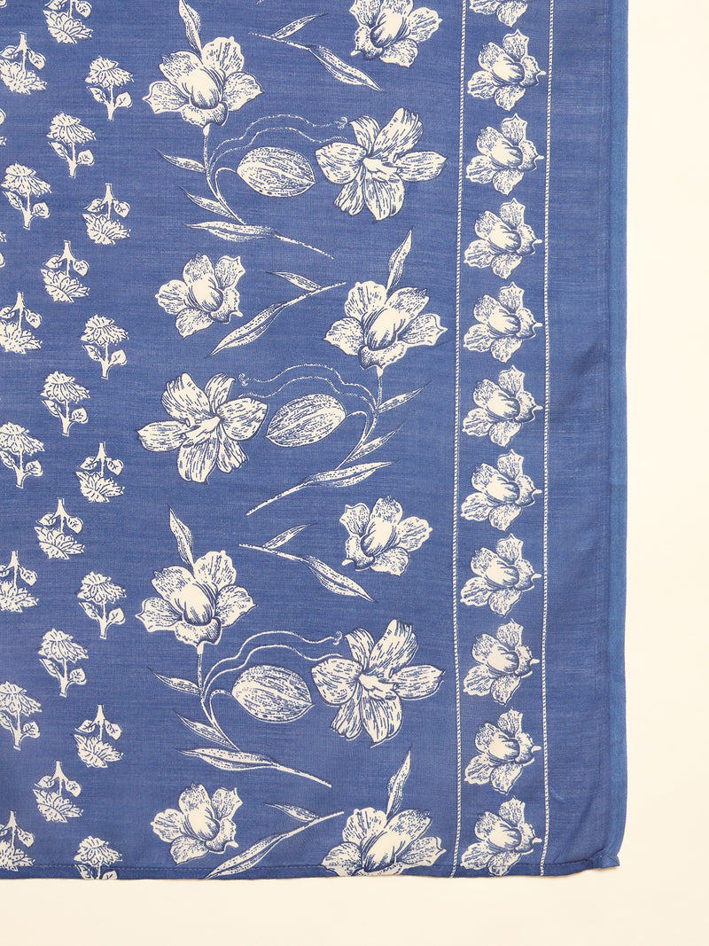 Stylum Women's Blue Floral Printed Cotton A-Line Kurta Pant Dupatta Set (KPDBLUETARIJ)
