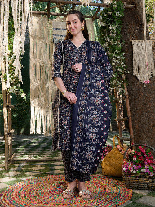Stylum Women's Blue Ethnic Printed Cotton Blend Straight Kurta Pant Dupatta Set (KPDBLUETIFNI)