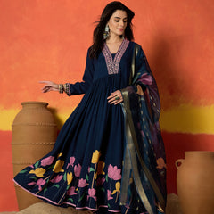 Stylum Women's Blue Floral Printed & Embroidered Rayon Anarkali Kurta Pant Dupatta Set (KPDBLUEUTKAL)