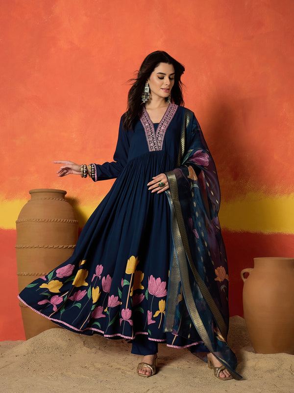 Stylum Women's Blue Floral Printed & Embroidered Rayon Anarkali Kurta Pant Dupatta Set (KPDBLUEUTKAL)