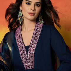 Stylum Women's Blue Floral Printed & Embroidered Rayon Anarkali Kurta Pant Dupatta Set (KPDBLUEUTKAL)