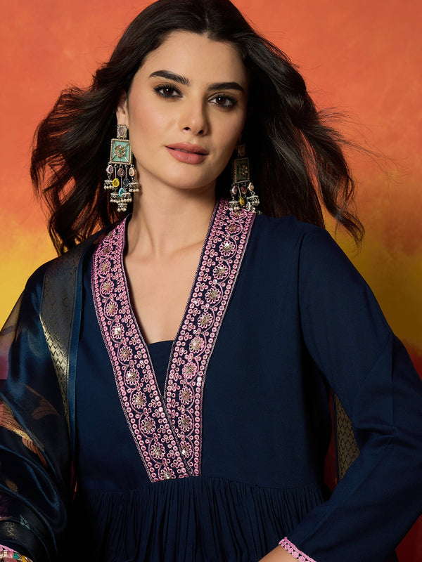 Stylum Women's Blue Floral Printed & Embroidered Rayon Anarkali Kurta Pant Dupatta Set (KPDBLUEUTKAL)