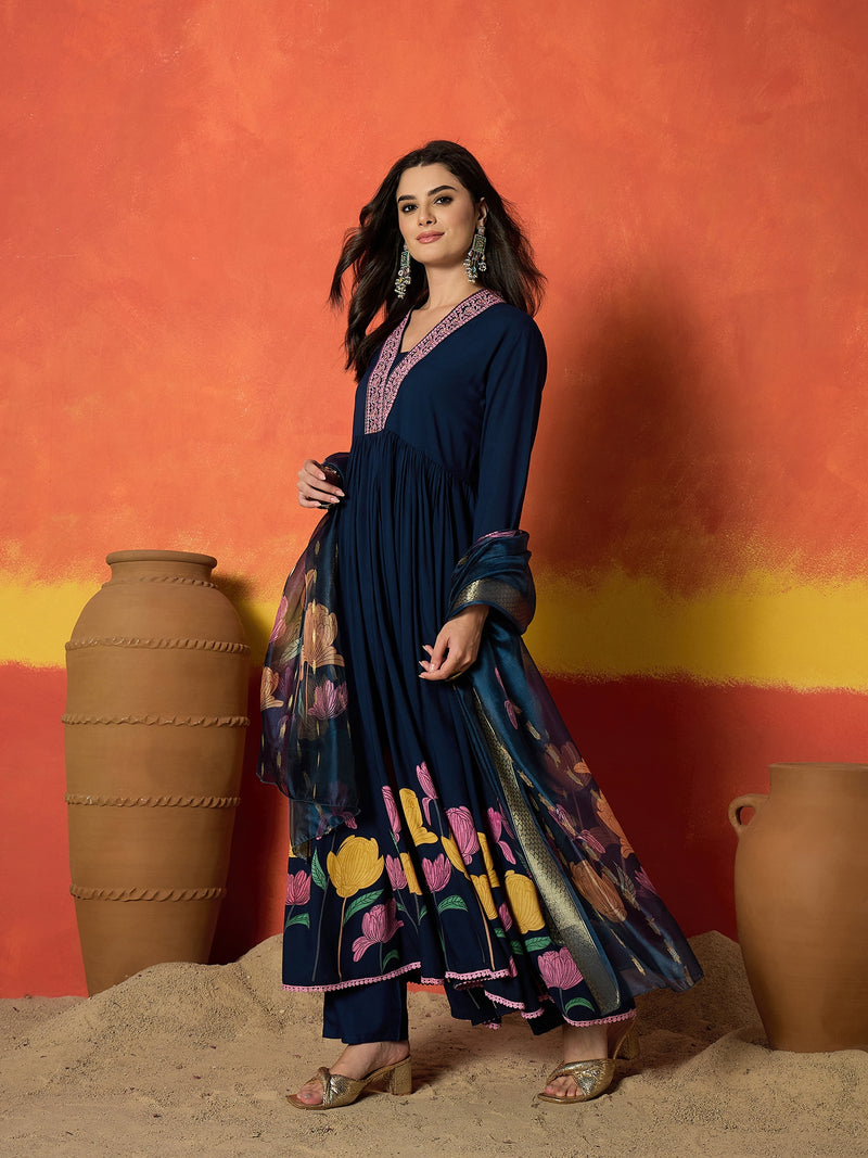 Stylum Women's Blue Floral Printed & Embroidered Rayon Anarkali Kurta Pant Dupatta Set (KPDBLUEUTKAL)