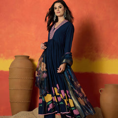 Stylum Women's Blue Floral Printed & Embroidered Rayon Anarkali Kurta Pant Dupatta Set (KPDBLUEUTKAL)