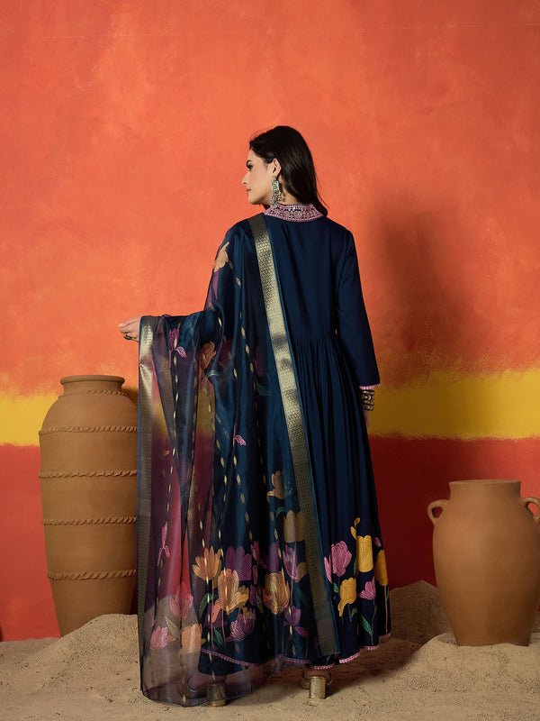 Stylum Women's Blue Floral Printed & Embroidered Rayon Anarkali Kurta Pant Dupatta Set (KPDBLUEUTKAL)