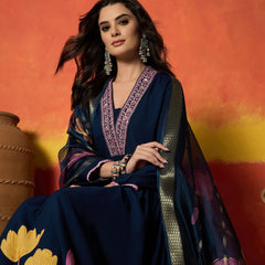 Stylum Women's Blue Floral Printed & Embroidered Rayon Anarkali Kurta Pant Dupatta Set (KPDBLUEUTKAL)