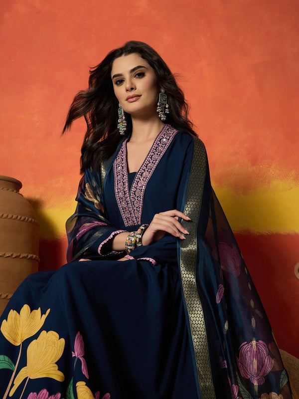 Stylum Women's Blue Floral Printed & Embroidered Rayon Anarkali Kurta Pant Dupatta Set (KPDBLUEUTKAL)