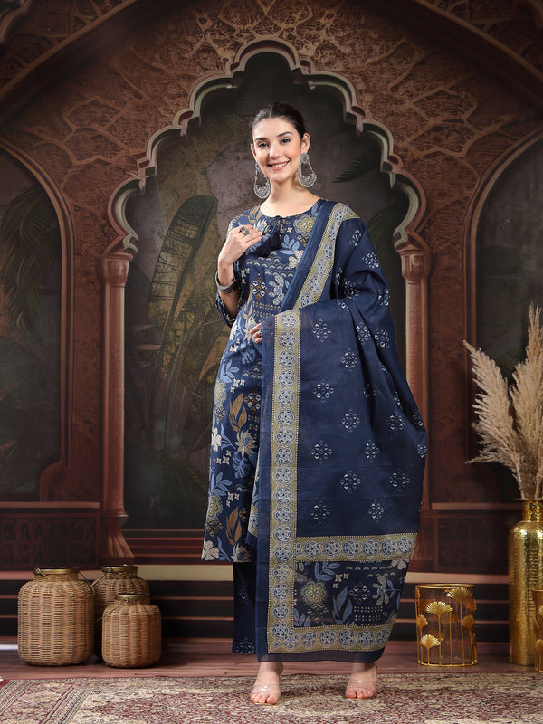 Stylum Women's Blue Floral Printed Cotton Straight Kurta Pant Dupatta Set (KPDBLUEYAMIR)