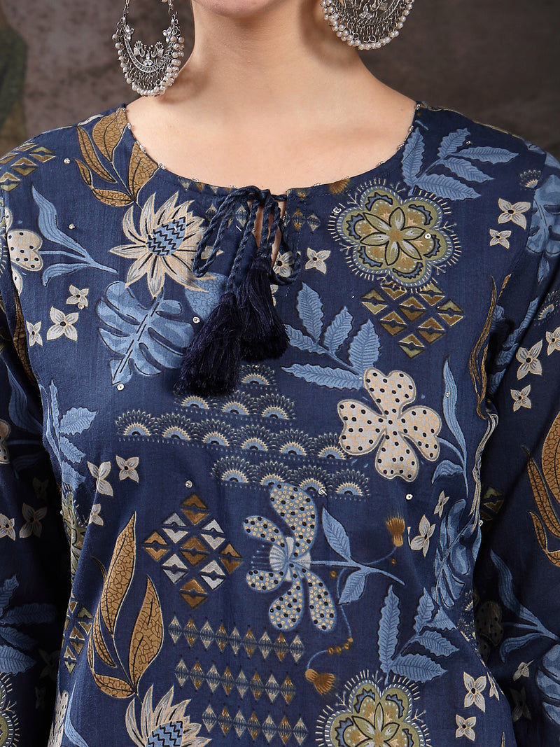 Stylum Women's Blue Floral Printed Cotton Straight Kurta Pant Dupatta Set (KPDBLUEYAMIR)