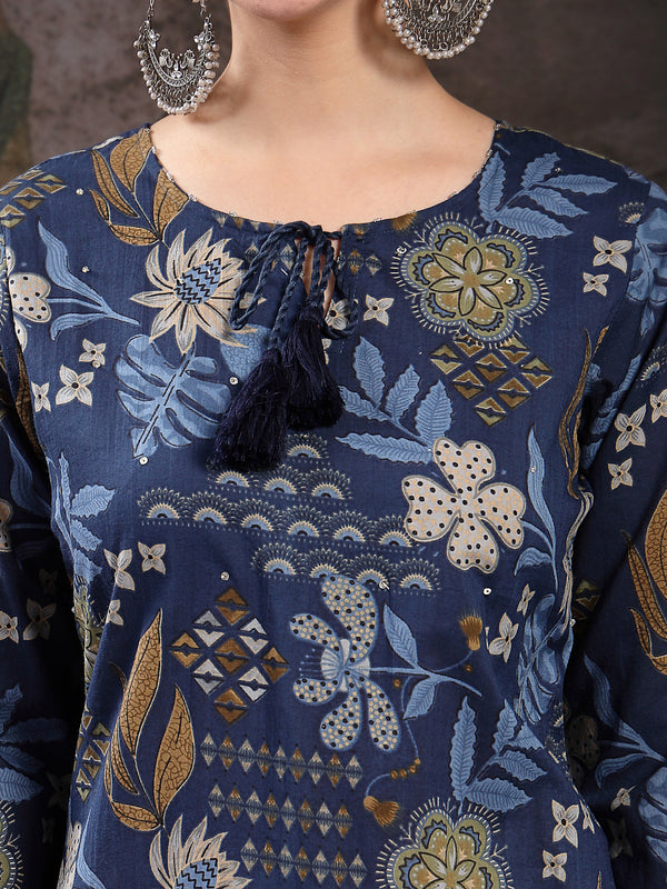 Stylum Women's Blue Floral Printed Cotton Straight Kurta Pant Dupatta Set (KPDBLUEYAMIR)