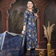 Stylum Women's Blue Floral Printed Cotton Straight Kurta Pant Dupatta Set (KPDBLUEYAMIR)