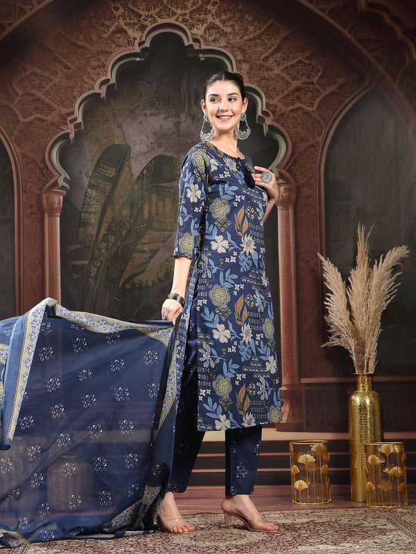 Stylum Women's Blue Floral Printed Cotton Straight Kurta Pant Dupatta Set (KPDBLUEYAMIR)