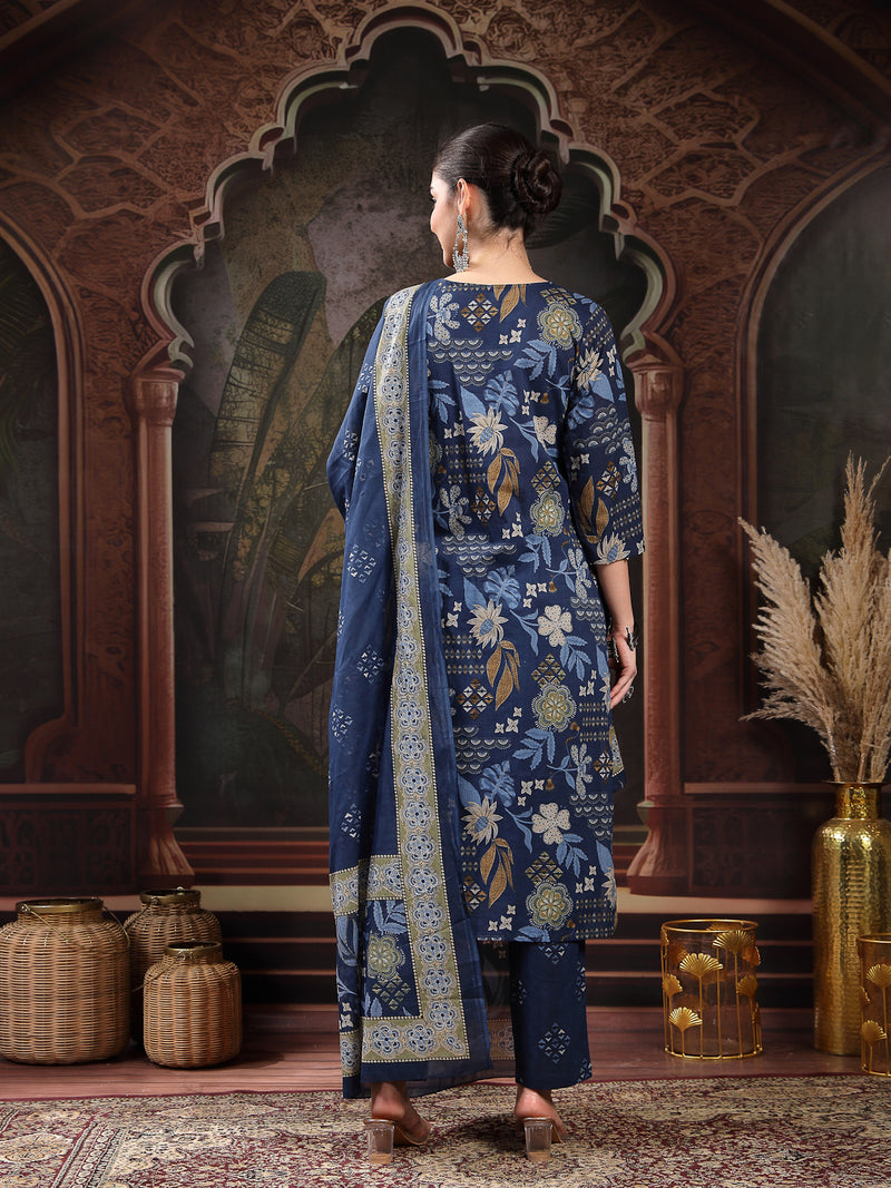 Stylum Women's Blue Floral Printed Cotton Straight Kurta Pant Dupatta Set (KPDBLUEYAMIR)