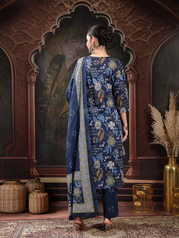 Stylum Women's Blue Floral Printed Cotton Straight Kurta Pant Dupatta Set (KPDBLUEYAMIR)