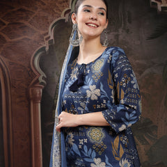 Stylum Women's Blue Floral Printed Cotton Straight Kurta Pant Dupatta Set (KPDBLUEYAMIR)