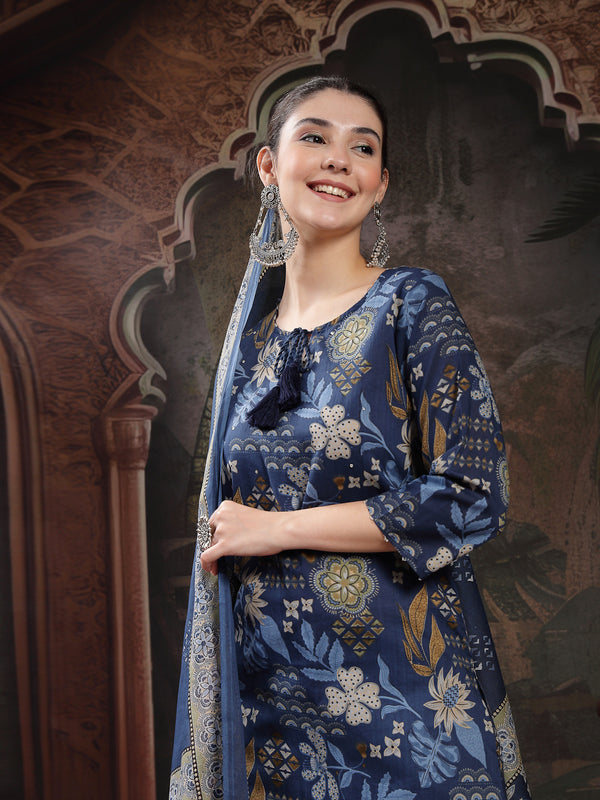Stylum Women's Blue Floral Printed Cotton Straight Kurta Pant Dupatta Set (KPDBLUEYAMIR)
