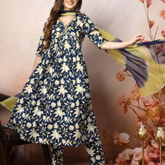 Stylum Women's Floral Printed Cotton Pleated Kurta Pant Dupatta Set (KPDBLUEZAYLA)