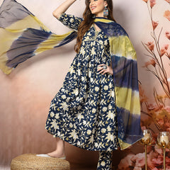 Stylum Women's Floral Printed Cotton Pleated Kurta Pant Dupatta Set (KPDBLUEZAYLA)