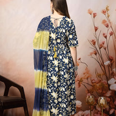 Stylum Women's Floral Printed Cotton Pleated Kurta Pant Dupatta Set (KPDBLUEZAYLA)
