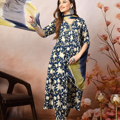 Stylum Women's Floral Printed Cotton Pleated Kurta Pant Dupatta Set (KPDBLUEZAYLA)