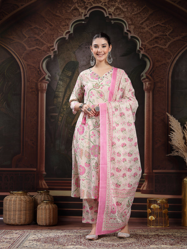 Stylum Women's Blush Floral Printed Cotton Straight Kurta Pant Dupatta Set (KPDBLUSHBRITTY)
