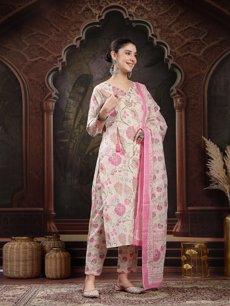 Stylum Women's Blush Floral Printed Cotton Straight Kurta Pant Dupatta Set (KPDBLUSHBRITTY)