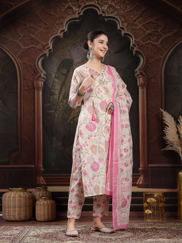 Stylum Women's Blush Floral Printed Cotton Straight Kurta Pant Dupatta Set (KPDBLUSHBRITTY)
