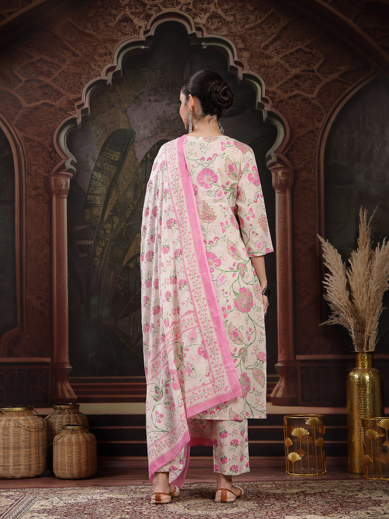 Stylum Women's Blush Floral Printed Cotton Straight Kurta Pant Dupatta Set (KPDBLUSHBRITTY)