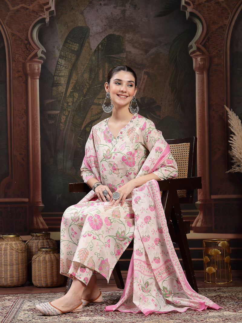Stylum Women's Blush Floral Printed Cotton Straight Kurta Pant Dupatta Set (KPDBLUSHBRITTY)