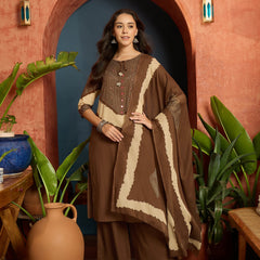 Stylum Women's Brown Bandhej Printed Cotton Straight Kurta Pant Dupatta Set (KPDBROWNDIRAM)