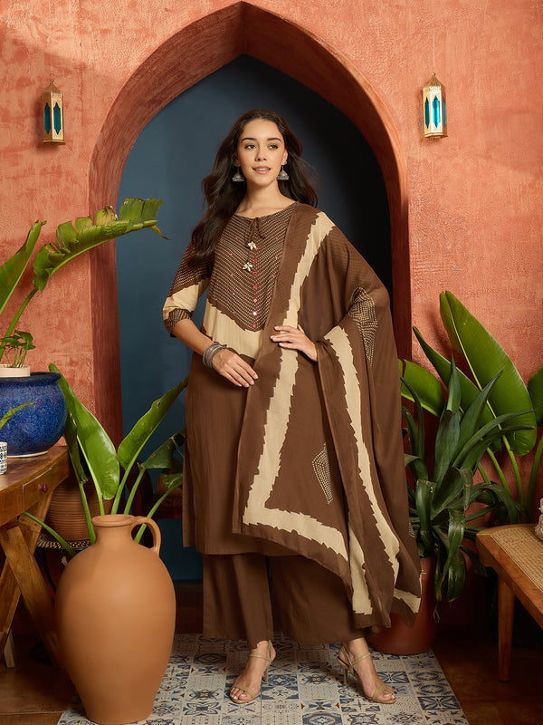 Stylum Women's Brown Bandhej Printed Cotton Straight Kurta Pant Dupatta Set (KPDBROWNDIRAM)