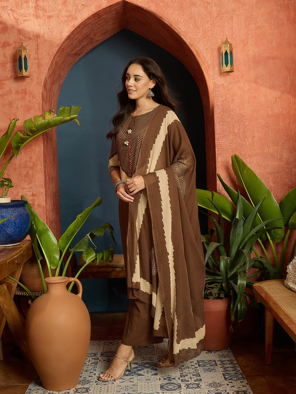 Stylum Women's Brown Bandhej Printed Cotton Straight Kurta Pant Dupatta Set (KPDBROWNDIRAM)