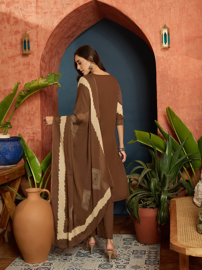 Stylum Women's Brown Bandhej Printed Cotton Straight Kurta Pant Dupatta Set (KPDBROWNDIRAM)