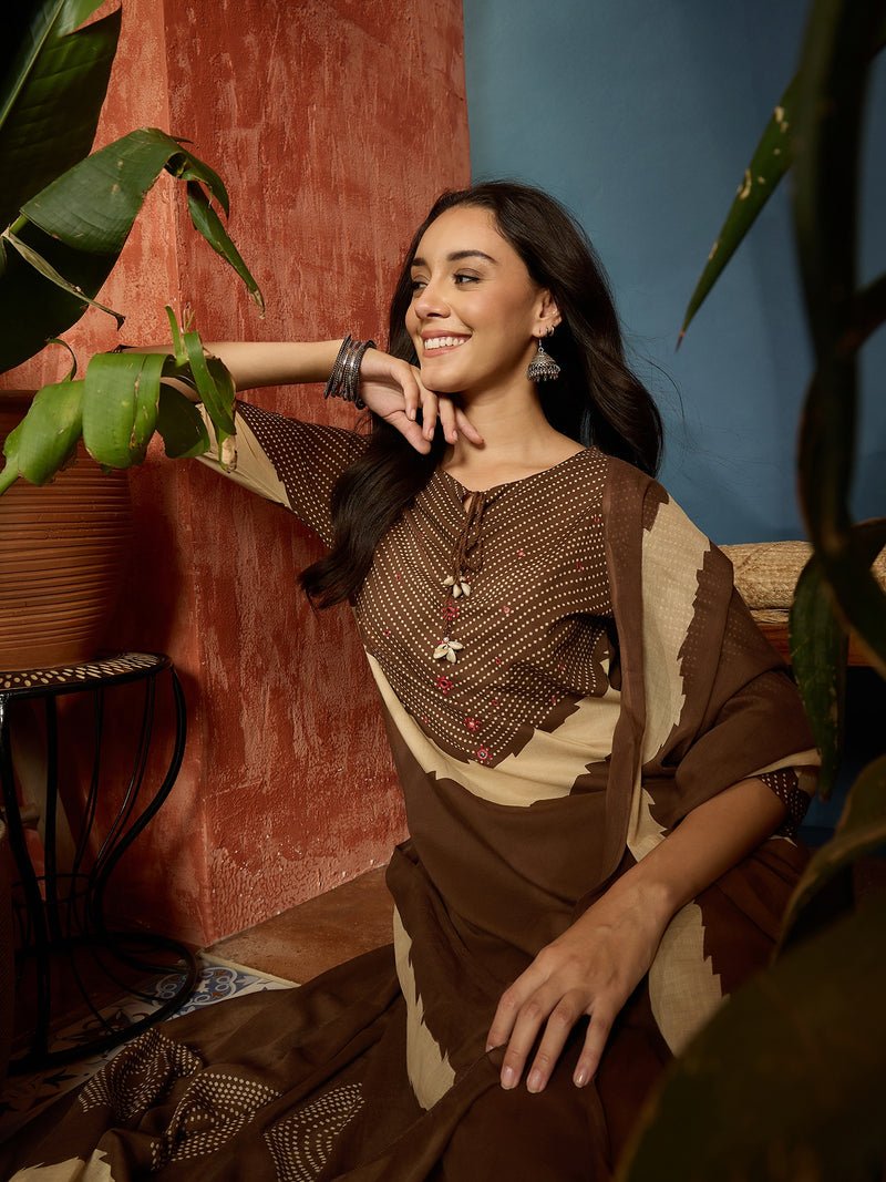 Stylum Women's Brown Bandhej Printed Cotton Straight Kurta Pant Dupatta Set (KPDBROWNDIRAM)