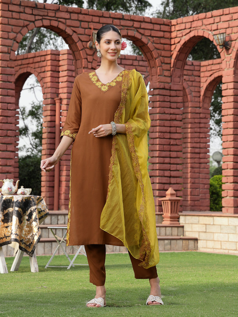 Stylum Women's Brown Solid & Embroidered Rayon Straight Kurta Pant Dupatta Set (KPDBROWNEBELL)