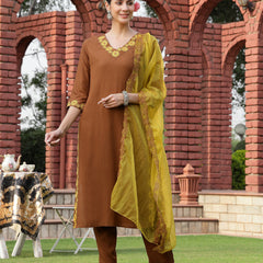 Stylum Women's Brown Solid & Embroidered Rayon Straight Kurta Pant Dupatta Set (KPDBROWNEBELL)